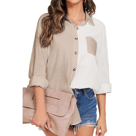 Azura Exchange  Khaki Colorblock Buttons Shirt-Collar Long Sleeve Pocket Blouse - Picture 4 of 13